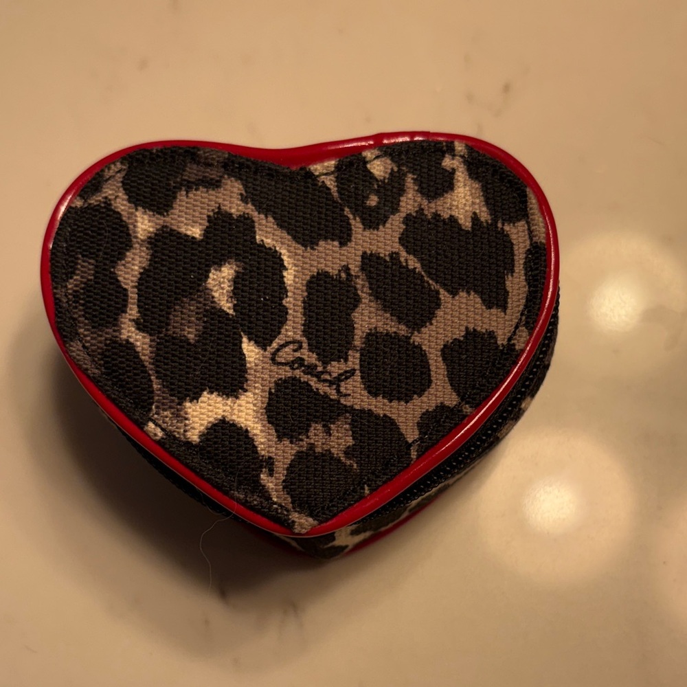 Coach Heart-Shaped Leopard Print Jewelry Case with Red Trim